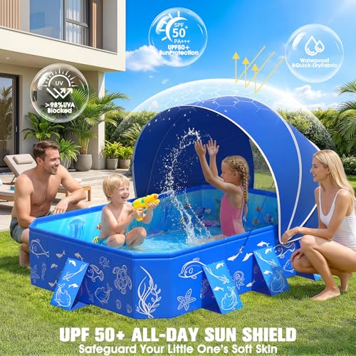 2026 Foldable Kiddie Pool with Canopy,Baby Swimming Pool for Toddler,Non-Inflatable Toddler Pool,Foldable Kiddie Pool with Shade,Kid Pool for Backyard,Pop up Kiddie Beach Pool 53''*40''*33''
