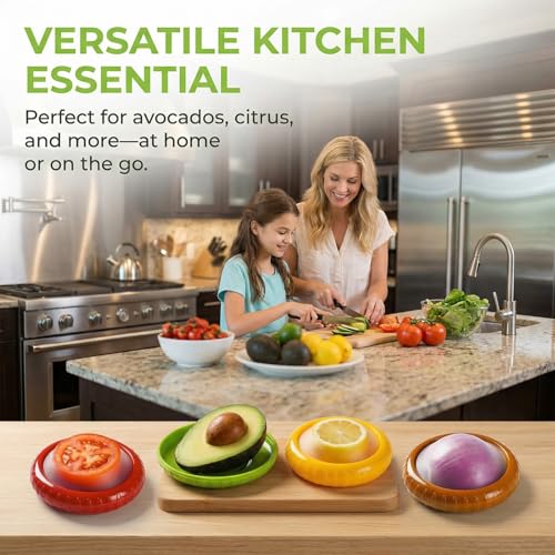 5PCS Avocado Saver & Produce Saver Set – 4 Reusable Silicone Fruit Storage Pods + Fruit Peeler, Tomato Holder, Onion Keeper, Lemon Saver for Fridge, Office Snacks & Camping