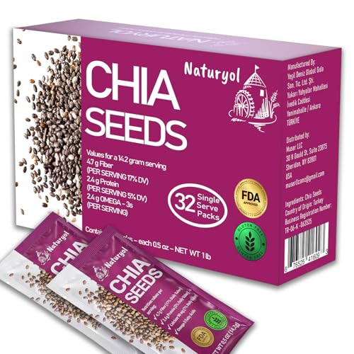 Naturyol Chia Seeds – Fiber-Rich Food for Salad Mixes, Gluten Free, Keto Friendly, Chia Seeds Travel Packets, Salad Toppings & Keto Food, Rich in Omega-3, Non-GMO, 1 lb (0.5 oz Pack of 32)