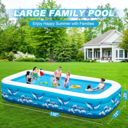 Large Inflatable Pool for Adults Kids, 130" X 72" X 22" Blow-up Pools Inflatable Swimming Pool with Pump, 2026 Oversized Thickened Family Inflatable Kiddie Pool for Backyard Garden Summer Outdoor