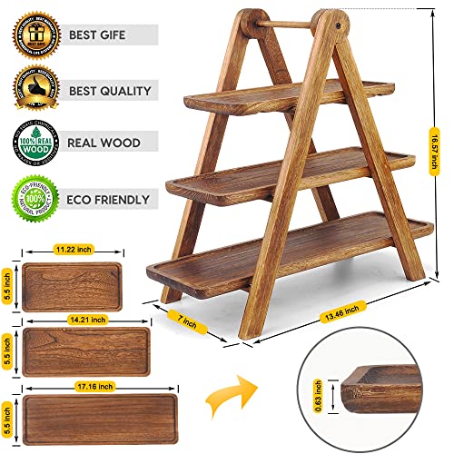 Manspdier Wood 3 Tier Serving Tray Three Tiered Cupcake Stand, Rectangle Serving Platter Wooden Farmhouse Tiered Tray, Party Serving Brown Decorative Tray Decor