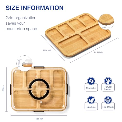 Charcuterie Board with Clear Lid, Portable 6-Compartment Cheese & Snack Tray, Reversible Bamboo Cutting Board, Secure Latch Closure for Picnics, Parties & Light Travel, Housewarming Gift