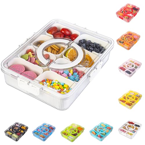 Patent Design Ribbed Snackle Box Container Snack Container Divided Serving Tray with Lid and Handle, 8 Divider Portable Snacklebox for Travel Beach for Charcuterie Veggie Fruit Candy,1 Pack