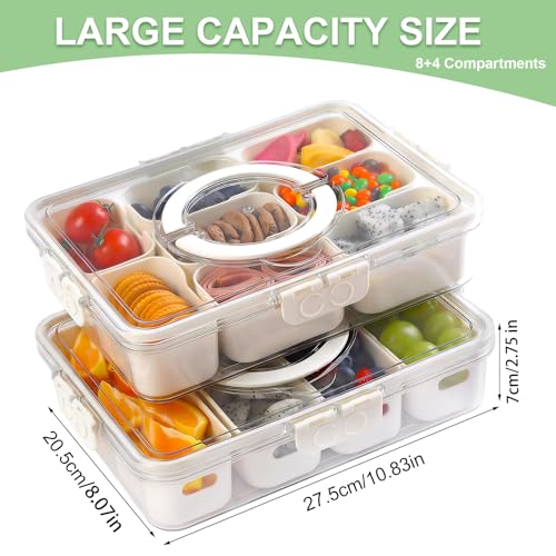 2 Pack Divided Serving Tray with Lid and Handle, 12 Compartments Snackle Box Container for Portable Snack Platters Large Clear Organizer for Picnic Snacks to Go Dishwasher Safe