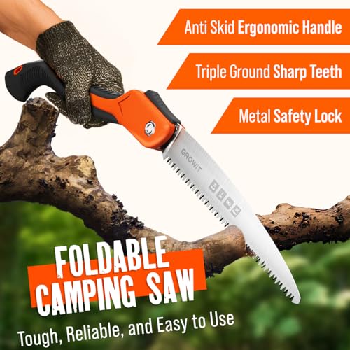 GROWIT Folding Camping saw 11 Inch - Heavy Duty Pruning Saw with Triple-Cut SK5 Blade, 7 TPI Razor Teeth for Tree Trimming, Wood Cutting, Camping, Bushcraft, and Gardening