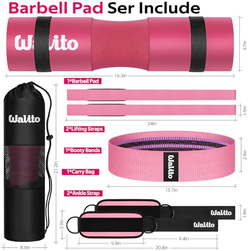 WALITO 8Pcs Barbell Pad Set for Hip Thrust - Squat Pad,Gym Accessories for Women with Bar Bad,Bench Press, with Gym Ankle Straps,Resistance Bands for Working Out,Lifting Strap,Carry Bag