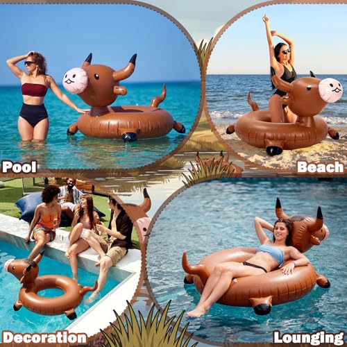 Jenaai Inflatable Highland Cow Pool Float for Adults 36" Funny Brown Cattle Blow up Swim Tube Ring Durable Water Accessory for Farm Theme Party Pool Beach Lake Summer Animal Shaped Floating Lounger