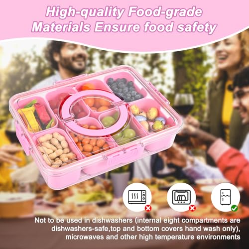 Snackle Box Container, 8 Compartment Divided Serving Tray with Lid and Handle, Snack Box Container for Candy, Fruit and Snacks, Great for Gatherings, Outings, Parties and Entertaining（Pink）
