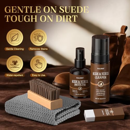Suede & Nubuck Care Kit for Clog & Sandal, 5-Piece Set with Cleaner, Protector, Suede Brush & Eraser Clean, Microfiber Cloth, Premium Care Kit Protect for Shoes, Boots, Uggs, Jackets, Bags and Apparel
