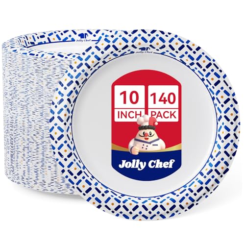 JOLLY CHEF 10 Inch Paper Plates 140 Count, Soak-Proof, Cut Proof, Disposable Heavy Duty Plates for Picnic, Family Gatherings, Parties