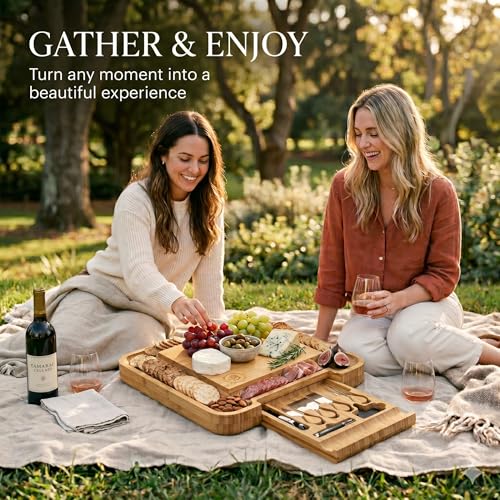 Charcuterie Boards Gift Set - Bamboo Cheese Board Set with Serving Knives, Meat Cheese Platter for Hosting Party Entertaining - Gifts for Women, Mom Dad, Wedding, Birthday, House Warming Gift New Home