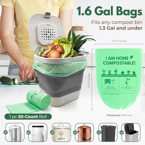 AIRNEX Small Compost Bags 1.6 Gal - 50 Compostable Kitchen Trash Bags for Countertop Bin - Cornstarch Leakproof & Tear-Resistant - OK Compost Home & Seedling Certified 0.18 mm Kitchen Garbage Bags