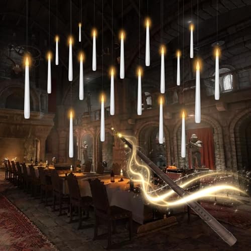 kakoya Flameless Floating Candles with Wand，20 Pcs Magic LED Hanging Taper Candles，Flickering Battery Operated Taper Candle with Wand Remote for