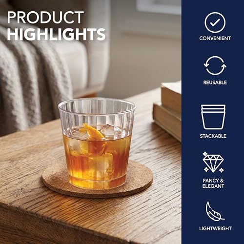 Party Essentials Deluxe/Elegance Hard Plastic Party Cup/Old Fashioned Tumbler/Cocktail Glass, 9 oz., 80 Count, Clear