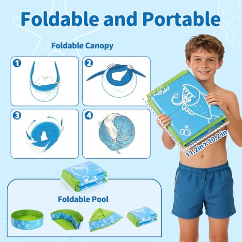 47.3"‌ Foldable Baby Pool with Canopy, Hard Plastic Pool Suitable for Kids Toddler Kiddie, Designed for Use in Backyard, Beach, Park, Blue and Green(No Sprayer)