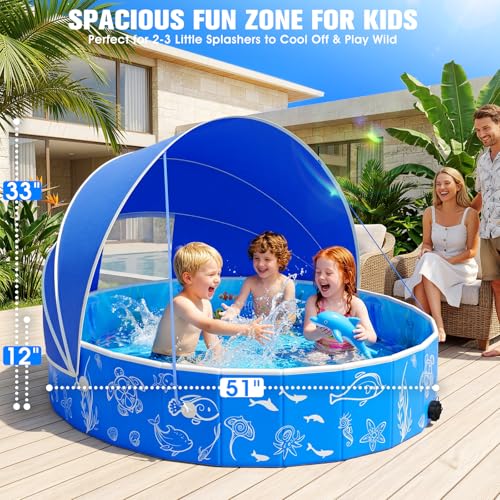 StarOcean 2026 Kiddie Pool with Canopy,Baby Swimming Pool for Toddler,Foldable kiddie pool with Shade,Portable Kids Pool for Backyard,Plastic Kiddie Pool with Sun Shade,Pop up Baby Pool for Beach-51‘’