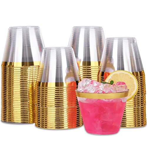 Tobvory 100 Pack Gold Rimmed Plastic Cups - 9 oz Hard Clear Plastic Cups, Premium Disposable Cup For Cocktail And Drinking - Food Grade Party Cups Set - Sturdy Tumbler Cup - Gold Rim
