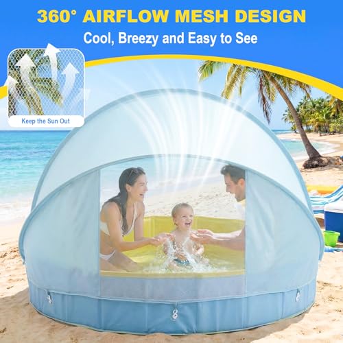Kiddie Pool with Canopy, Large Foldable Pool with Detachable UPF 50+ Sunshade, 48in Pool Beach Essentials Tent Swimming Pool Dog Pool with Shade, Portable for Outdoor Backyard Beach
