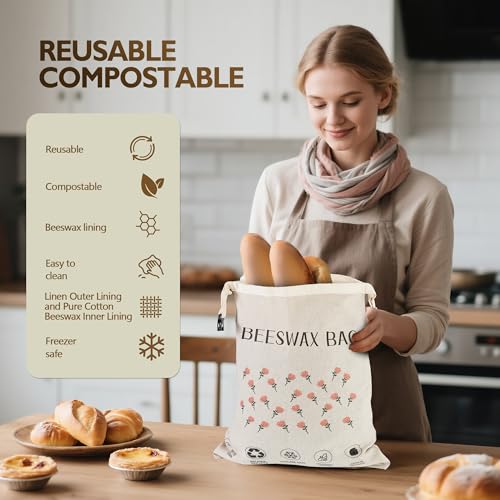 2 Pack Beeswax Bread Bag,17"×13"Reusable Organic Bread Bags for Homemade Bread Sourdough,Linen Outer Lining and Pure Cotton Beewax Inner Lining Moisture-proof &Fresh-Preserving With Buckle&Bowl Covers
