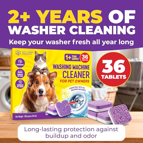 ECO LIVING SOLUTIONS Washing Machine Cleaner Tablets for Pet Owners, 36 Pack, Front&Top Load Washer Deep Cleaning, HE & Septic Tank Safe, Remove Pet Hair, Eliminates Smells, Prevents Dander Build-up