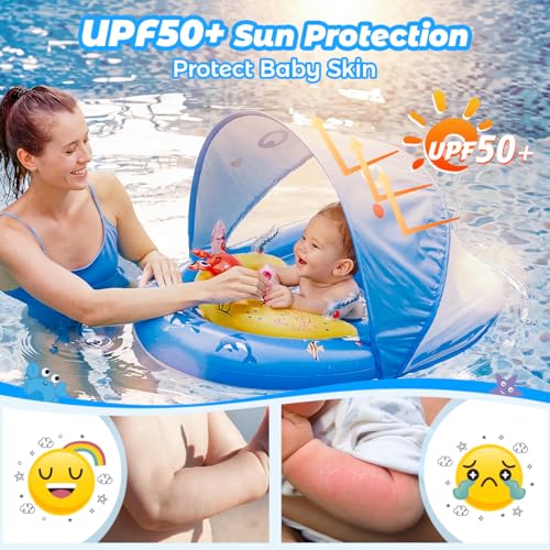 LAYCOL Baby Pool Float with Canopy UPF50+, 120°Adjustable Sun Protection and Anti-Tip Safety Seat, Inflatable Toddler Floaties Infant Pool Float with Animal Pool Toys, Baby Beach Essentials for 6-36M
