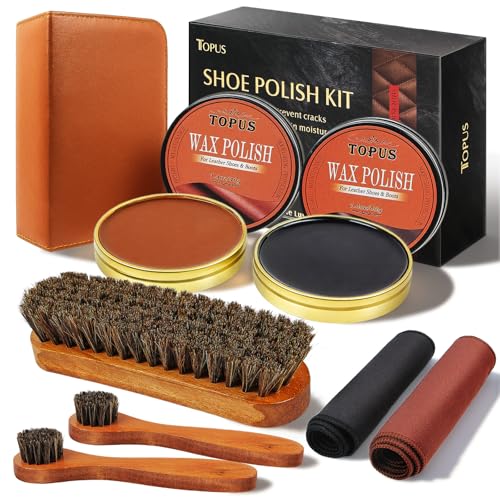 Topus 8 Pieces Shoe Polish Kit, Includes 2Pcs 1.4Oz Brown Shoe Wax, 3 Pieces Horsehair Boots Brushes, 2Pcs Shine Cloths