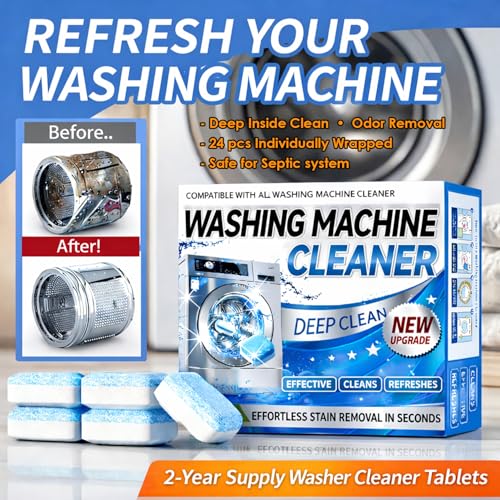 Enzyme Washing Machine Cleaner Tablets (24 Pack) – Protease Laundry Machine Cleaner Descaler for HE, Front Load & Top Load Washer, Deep Clean, Removes Odor, Fur, Residue & Buildup (2-Year Supply)