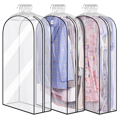 MISSLO 10" Gusseted All Clear Garment Bags for Hanging Clothes 3 Packs 40" Suit Bags for Closet Storage Hanging Clothes Storage Suit Cover for Shirts, Coats, Dresses