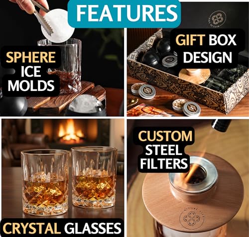 Whiskey Smoker Kit - Cocktail Smoker Kit with Torch, 2 Whiskey Glasses, 2 Ice Ball Makers, 6 Flavors Wood Chips - Old Fashioned Smokers - Bourbon Drink Smoking Set - Whiskey Accessories Gifts for Men