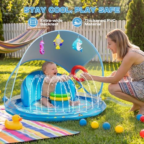 Baby Splash Pad, Inflatable Baby Pool Float with Canopy, Splash Pad with Stackable Rings & Hanging Toys for Toddlers, Baby Pool Sprinkler, Outdoor Water Play Toys for Boys Girls