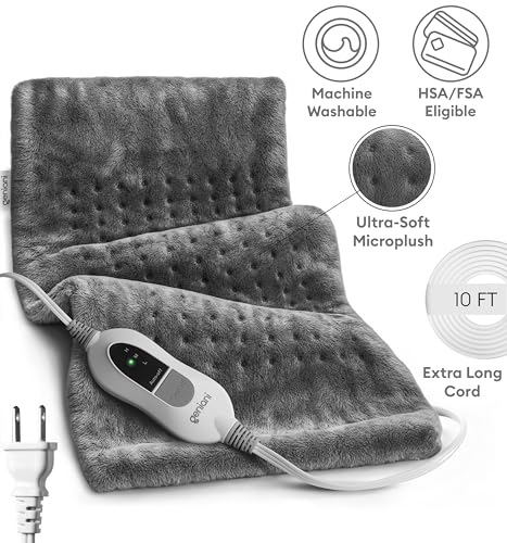 GENIANI Electric Heating Pad for Back Pain & Cramps Relief, Electric Throw, Auto Shut Off, Machine Washable, Moist Heat Pad for Neck & Shoulder - Valentines Day Gifts for Her (12×24", Tabby Gray)
