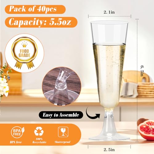 Plastic Champagne Flutes 40 Pack, 5.5 Oz Clear Disposable Plastic Champagne Glasses, Wine Glasses Cups for Wedding Celebration Birthday Party Valentines Wine Tasting New Years Eve Party Supplies