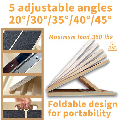 Adjustable 16.5"×12" Wooden Slant Board – 5-Angle Foldable Calf Stretcher & Squat Wedge for Home-Gym, Portable Incline Board, 350 lb Rated