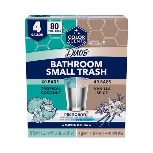 Color Scents Small Trash Bags - 4 Gallon, 80 Total Bags (2 Rolls of 40 Count), Twist Tie – Duos (2 unique scent + color combinations) with Microban