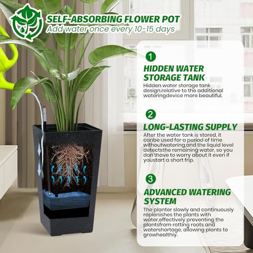 Garvee 16" Tall Planters Set of 2, Outdoor＆Indoor Black Planter Pots, High Front Porch Planter Pots with Drainage Holes＆Water Level Monitor＆Inner Bucket,Black