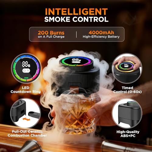 Electric Whiskey Smoker Kit with 0-60s Adjustable Timer, No Butane Needed, Cocktail Bourbon Drink Smoker Infuser Kit Smoke Whisky Set with 6 Wood Chips Flavors, Birthday Gifts for Men, Dad, Husband
