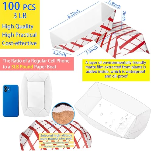 100 Pack 3lb Paper Food Trays,Disposable Greaseproof Kraft Checkered Carnival Food Serving Take Out Basket Tray Boat for Snacks Fries Nachos Popcorn Hot Dogs Carnival Wedding Party Picnic