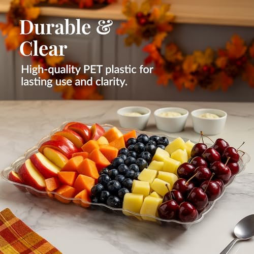 Prestee 12-Pack Serving Tray - 9x13 Inches Disposable Rectangular Plastic Food Tray for Parties and Events - Clear Platters for Dessert Table Displays, Appetizers, Snacks, and More