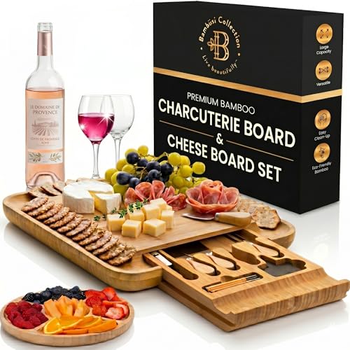 Charcuterie Boards Gift Set - Bamboo Cheese Board Set with Serving Knives, Meat Cheese Platter for Hosting Party Entertaining - Gifts for Women, Mom Dad, Wedding, Birthday, House Warming Gift New Home