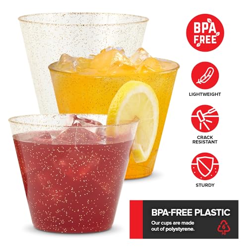 Stock Your Home 9oz Gold Glitter Plastic (50 Pack), Elegant Party Glasses for Birthdays, Weddings and Holidays, Fancy Disposable Cocktail, Clear and Gold, Bulk Wine and Mimosa