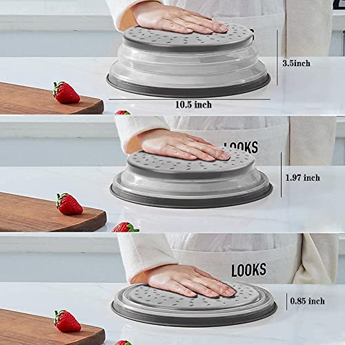 Microwave Splatter Cover Collapsible Microwave Cover for Food, Easy Grip Fruit Drainer BPA-Free Dishwasher Safe 10.5 inch,Grey