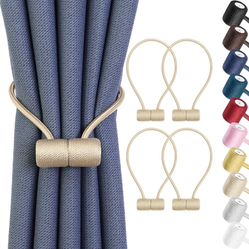Remunkia Magnetic Curtain Tiebacks 4 Pack, Curtain Tie Backs Holder, Outdoor Curtains Tiebacks Window Treatment Holdbacks with Strong Magnet Modern Rope Tiebacks Decorative All Drape Curtains - Beige