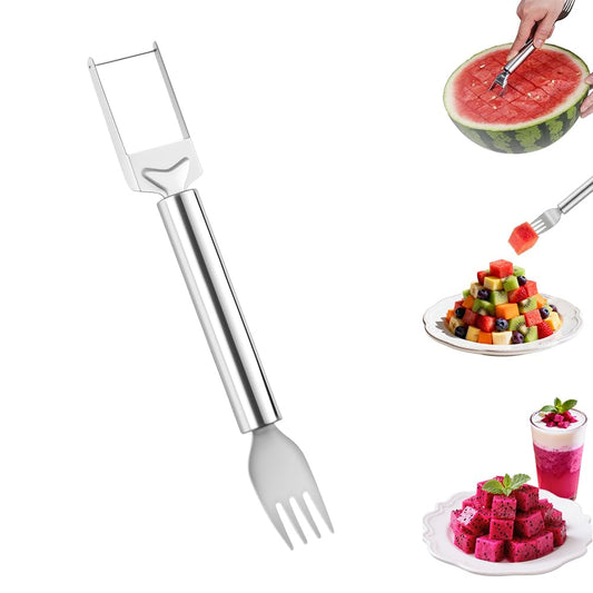 2-in-1 Stainless Steel Fruit Cutter, Watermelon Slicer with Fork, Dual Head Watermelon Fork Slicer Tool for Cubes, Fruit Knife with Round Handle for Home Kitchen, Picnic & Party (1Pack)