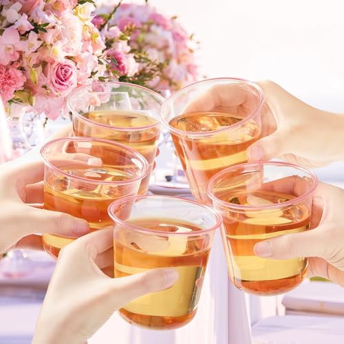 50 Pcs Pink Plastic Cups, 12 Oz Disposable Stemless Wine Glasses Cocktail Pink Party Cups for Meeting, Wedding, Birthday, Valentines Party