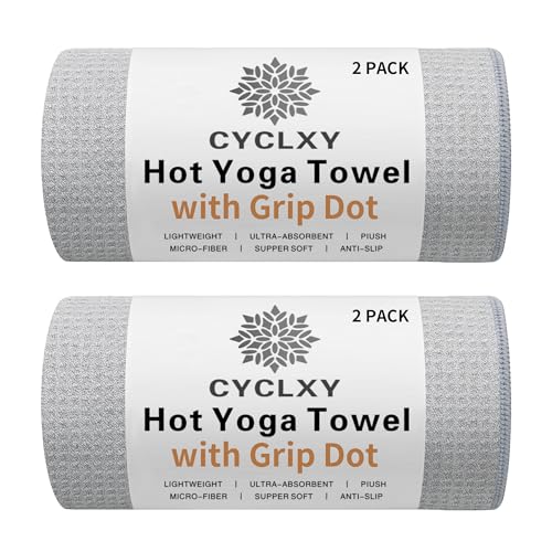 2 Pack Hot Yoga Towel with Grip Dot，Stickyfiber Yoga Mat Towels Non Slip for Hot Yoga,Absorbent Microfiber Sweat Anti-Slip Cover,Bikram,Pilates,Exercise,Fitness