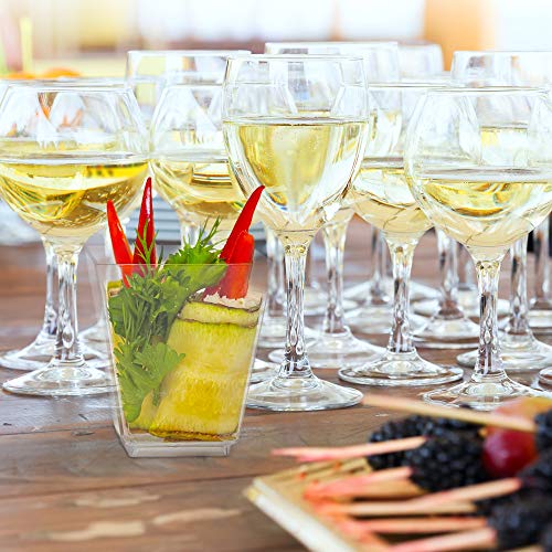 Oasis Creations Square Dessert Cup - 5.5 ounce - 50 Count - Spoons Included - Clear Plastic - Large Appetizer Cup -Tall Dessert Cup-Tasting Cup- Parfait Cup-Disposable or Reusable