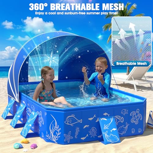 2026 Foldable Kiddie Pool with Canopy,Baby Swimming Pool for Toddler,Non-Inflatable Toddler Pool,Foldable Kiddie Pool with Shade,Kid Pool for Backyard,Pop up Kiddie Beach Pool 53''*40''*33''