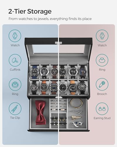 SONGMICS Watch Box, 12-Slot Watch Case Organizer with Large Glass Lid, 2 Layers, Removable Pillows, Metal Lock, Gift for Loved Ones, Black Synthetic Leather, Gray Lining UJWB012