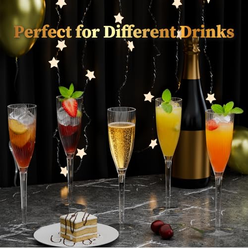 GuanQiao 16 Pack Clear Champagne Flutes, 6oz Disposable Wine Glasses with Long Stem, Reusable Plastic Cocktail Glasses for New Years Eve Party Birthday Wedding Celebration Toasting Drinking
