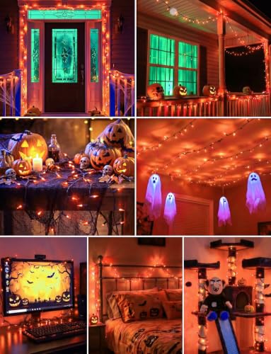Orange LED Outdoor Halloween Lights, Halloween Decorations, 39 FT 100 LED Mini Lights with 8 Lighting Modes,Connectable String Light Plug in for